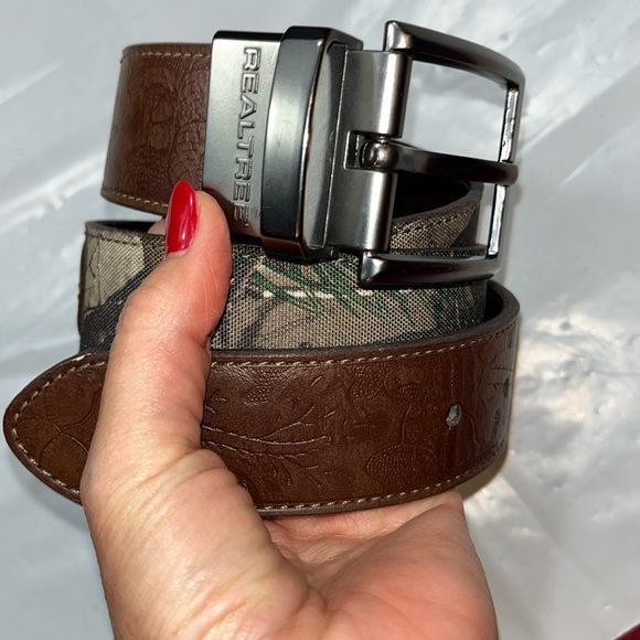 REALTREE REVERSIBLE Brown/ tan green camo BELT Leather Silver Buckle men 34-36 M - Picture 7 of 15